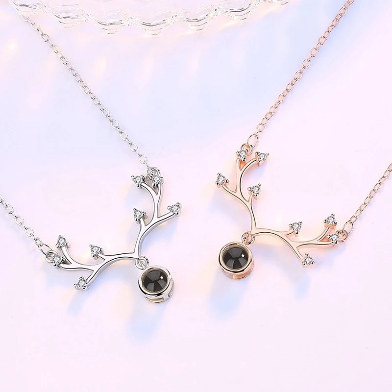 925 فضة موضة 100 لغة أحبك حجر الإسقاط مطعمة الزركون قرن الوعل قلادة عيد ميلاد هدية للذكرى السنوية