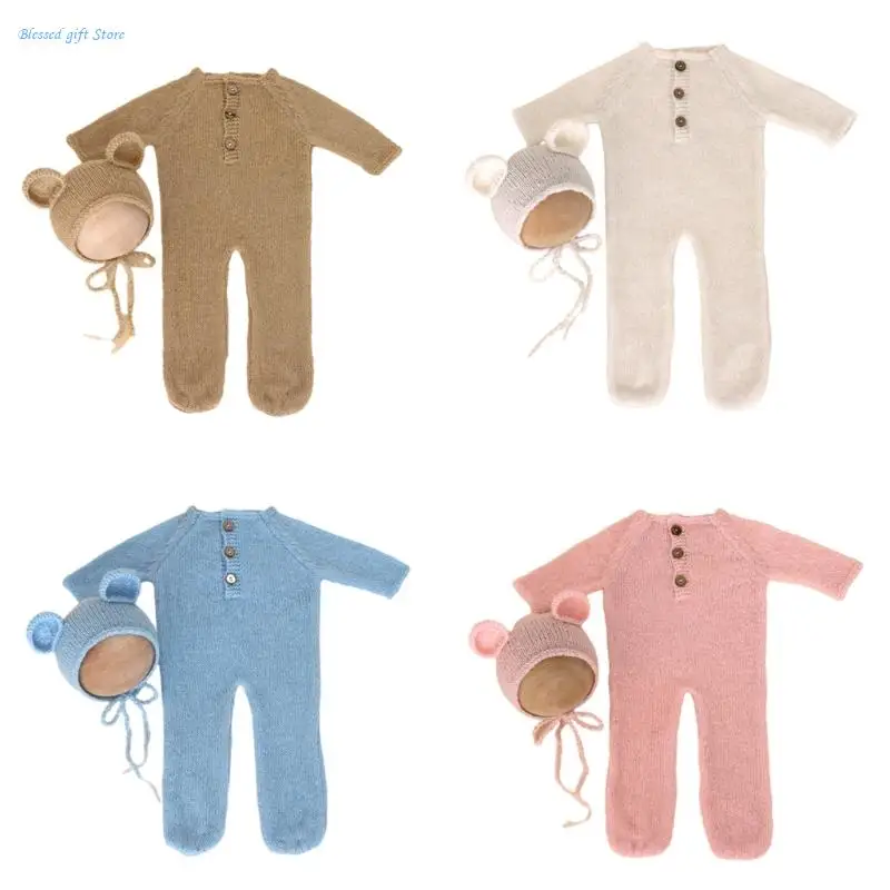 

Newborn Photo Costume Romper Cartoon Bear Ear Hat Photography Outfit Shower Gift