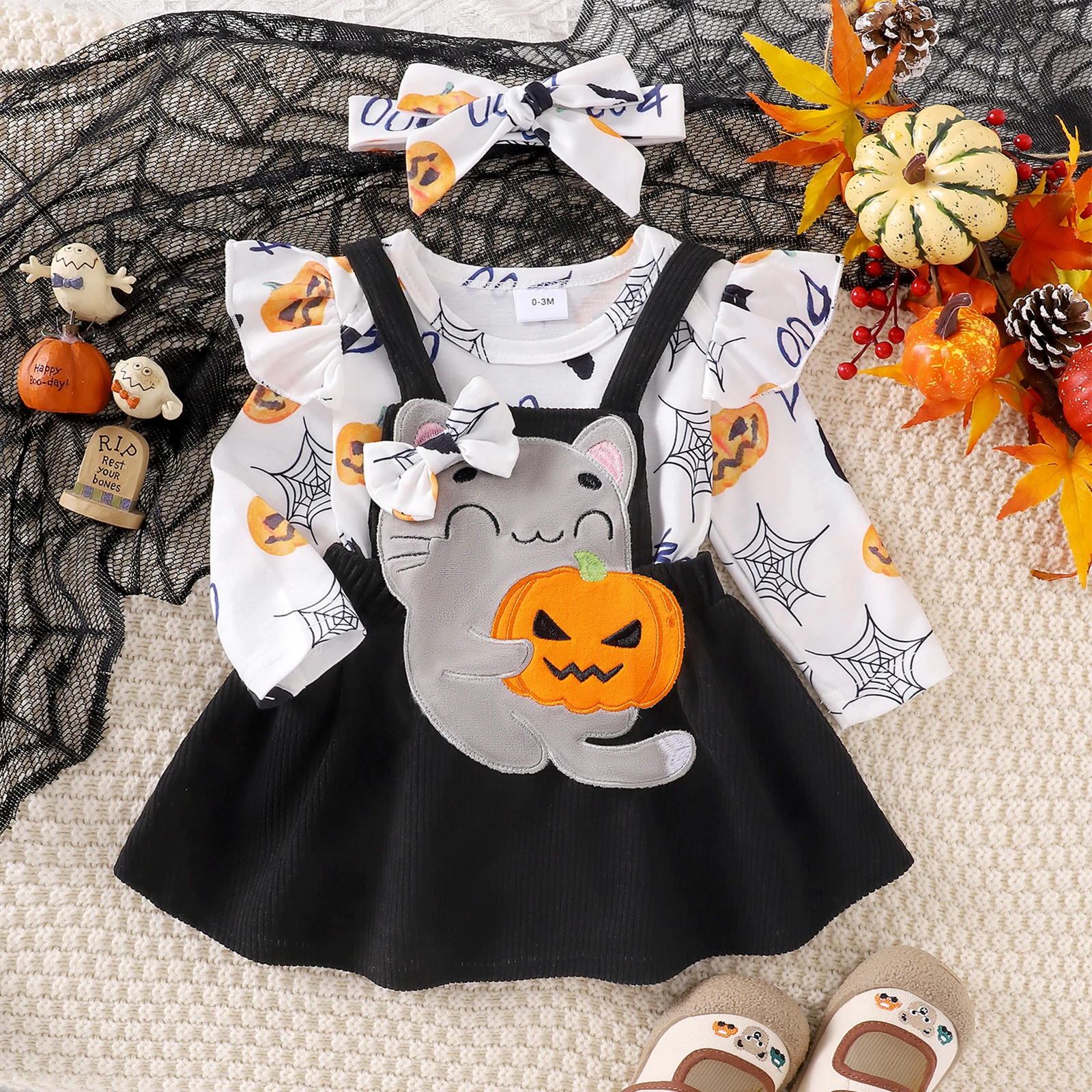 VISgogo Baby Girl Christmas/Thanksgiving/Halloween Outfit Ruffle Long Sleeve Romper Reindeer Patch Suspender Skirt Headband 3Pcs