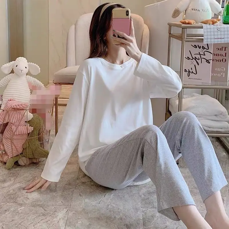 New Spring Homewear Long Sleeve Pajamas Set Cute Leisure Women Sleepwear 2Pcs Nightwear Women Long Loose Waist Pant Home Suit