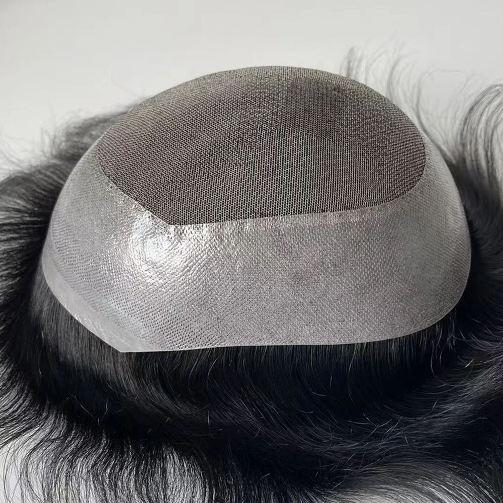 شعر بشري بكر طبيعي أسود نفاث أسود دانتيل PU محيط سهل الارتداء استبدال الشعر المستعار للرجال نظام حل فقدان الشعر #3