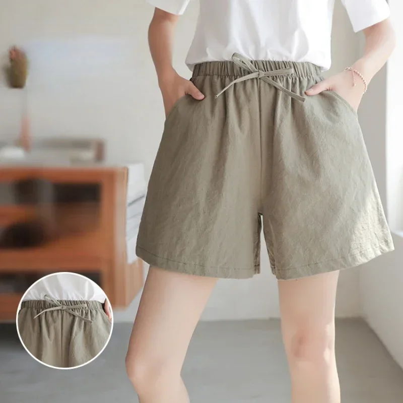 2024 Women Cotton Linen Shorts Summer Casual Solid Pockets Shorts High Waist Loose Shorts for Girls Soft Plus Size Female Short