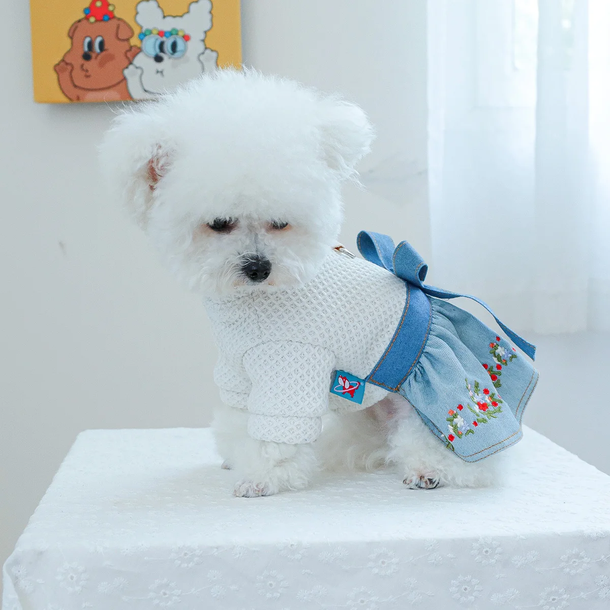 1PC Pet Clothing Dog Cat Fall/Winter Blue floral bow denim dress suitable for small to medium sized dogs