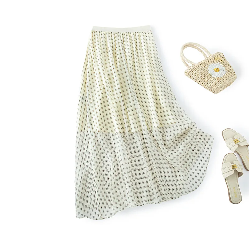 Winsleter-100%Silk Elegant Skirts, Elastic Waist Printed, Women Beach Vacation Party Cool A-line Skirt, 2026 Summer New B65750CC