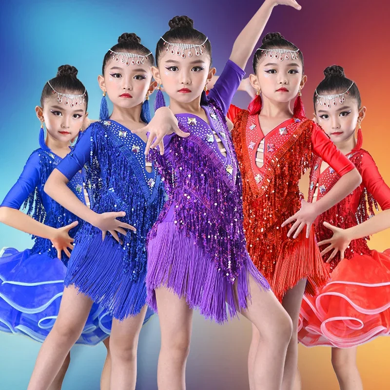 

Girls Children Tassel Salsa Tango Ballroom Dancing Dress Competition Costumes Kids Practice Dance Clothing Latin Dance Dress