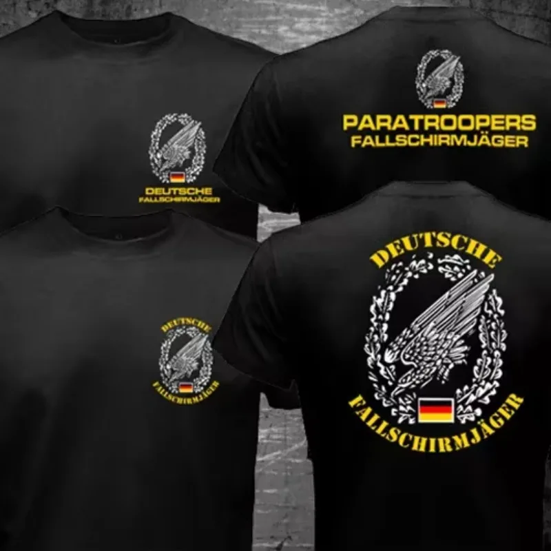 Men's T-shirt with German Airborne Theme Pattern, Black Short Sleeved T-shirt, Retro Streetwear, Suitable for All Seasons