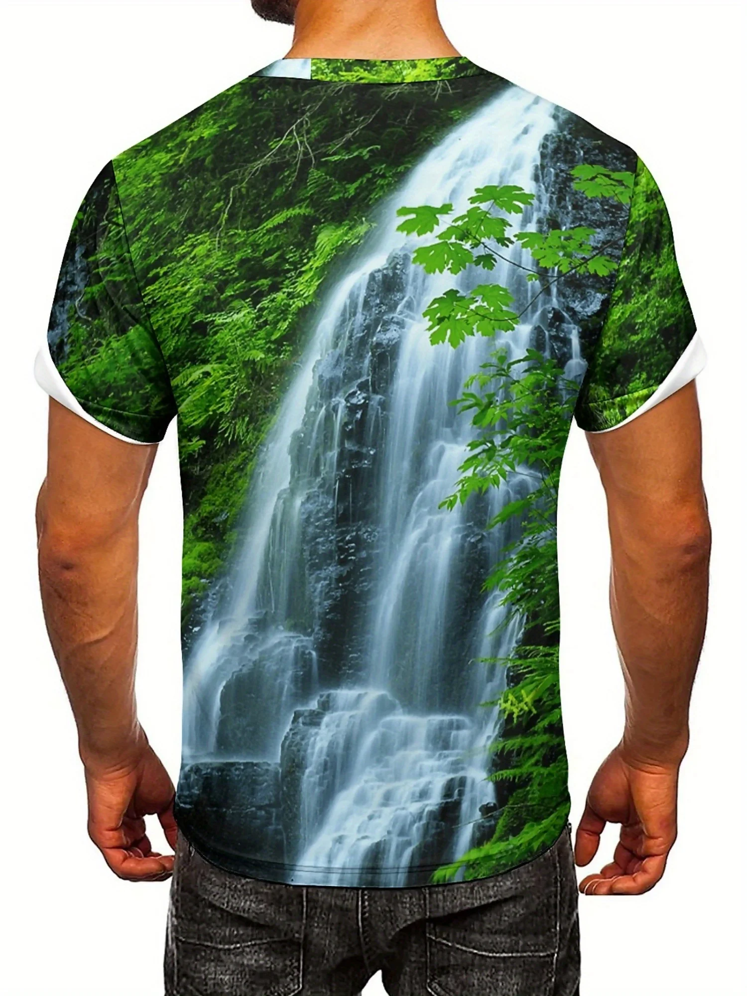 Men's 3D Printed Waterfall & Greenery Graphic T-Shirt - Breathable Short Sleeve Tee for Outdoor Activities