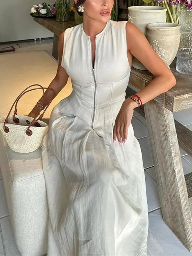 Zíper vestido longo mulher plissado sem mangas bodycon vestido de verão elegante vestidos de festa para as mulheres 2024 novos vestidos midi