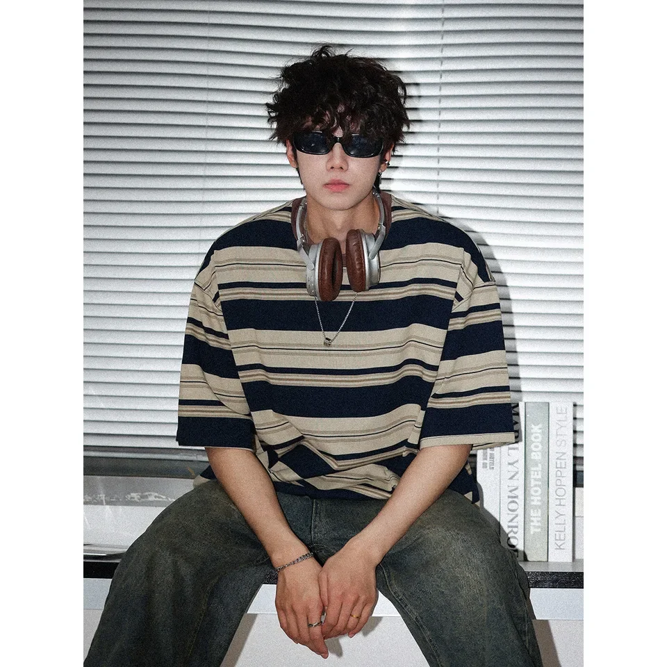 Summer New Fashion Men's Striped Color-coded Short Sleeve O-neck Loose Casual Trendy T-shirts Male Undershirts Clothes Tops