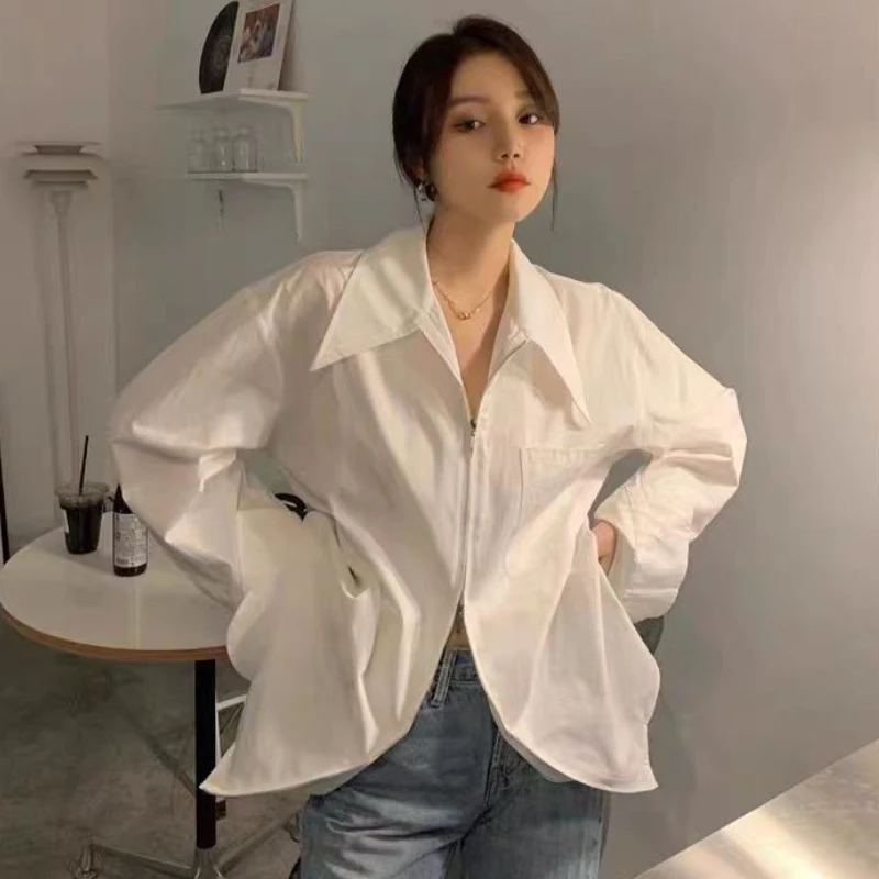 Zipper Solid Shirts Women Office Lady All-match Korean Style Minimalist Loose Long Sleeve Casual Streetwear Fashion Autumn Chic