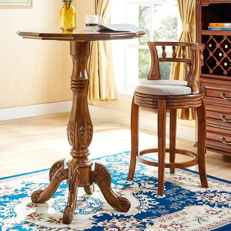 y10-Solid Wood Bar Counter Home Bar Table High Bar Table Retro Distressed Small round Table