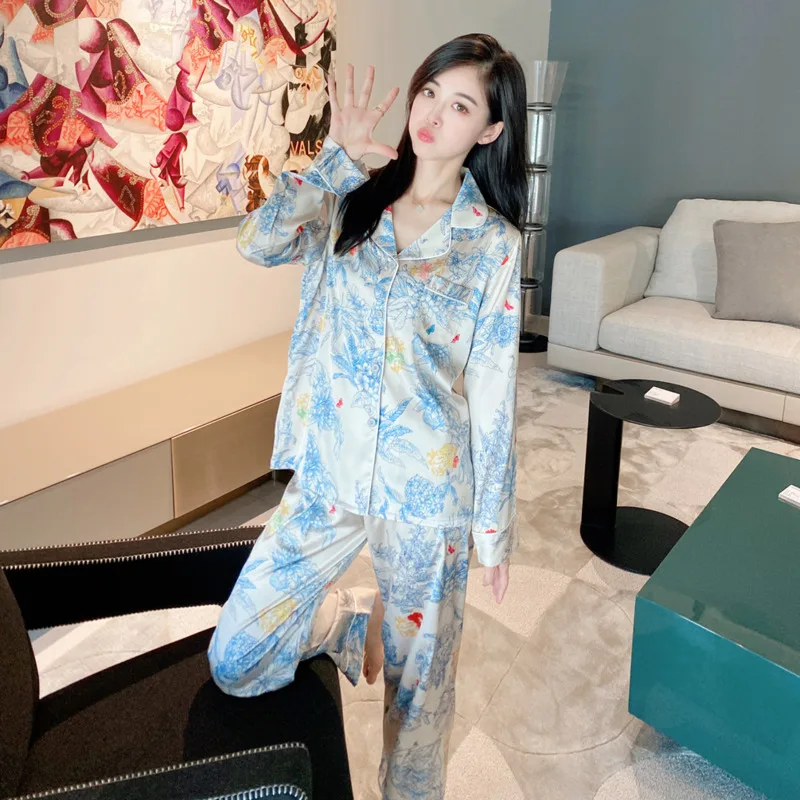 Monet Garden Style Sense Of Design Ice Silk Printed Comfort Pajama Women Household Clothes Suit Women\'s Outer Wear Pyjamas Set