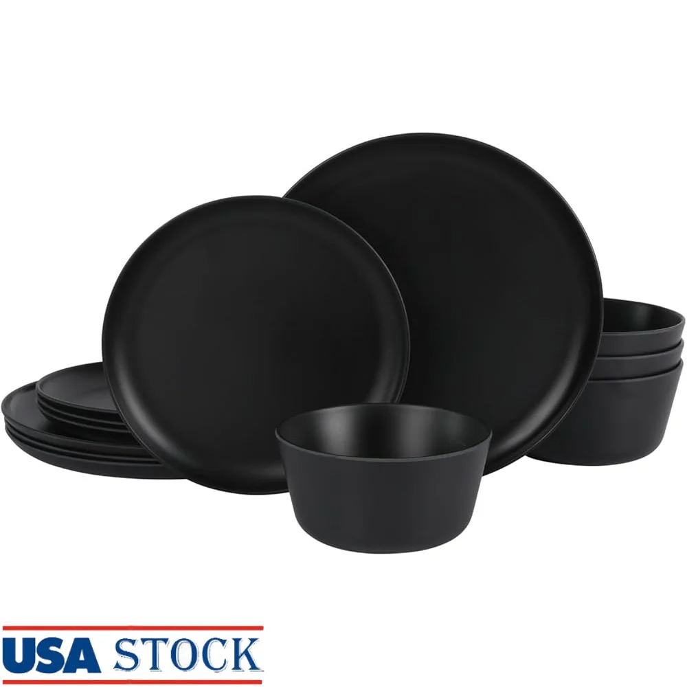 Juego de vajilla de melamina de 12 piezas, 4 platos resistentes a las astillas, cuencos, comedor interior y exterior, registro de regalo con acabado mate