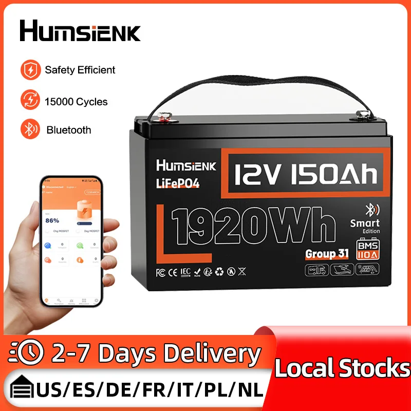

Humsienk 12V 150Ah LiFePO4 Battery With Bluetooth 110A BMS 8000 Cycle Rechargeable Battery For RV/ Vans/Trolling Motor/ Camping