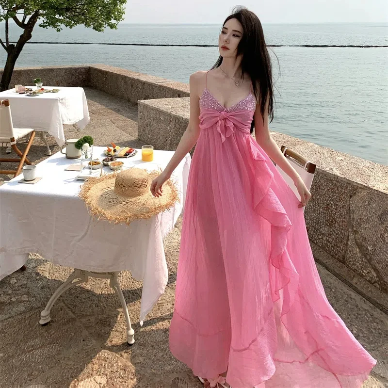 

Elegant Bandage Ruffles Pleated Spaghetti Strap Long Dress Women Summer Sleeveless Backless Sexy Holiday Party Dresses Lady Robe