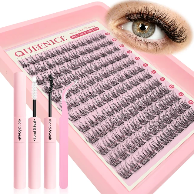 QUEENICE Cílios Postiços em Tufos com Efeito Cauda de Peixe, Volume Natural, Extensões de Cílios DIY, 10/11/12mm, Curvatura C-Mista, Segmentados Individuais
