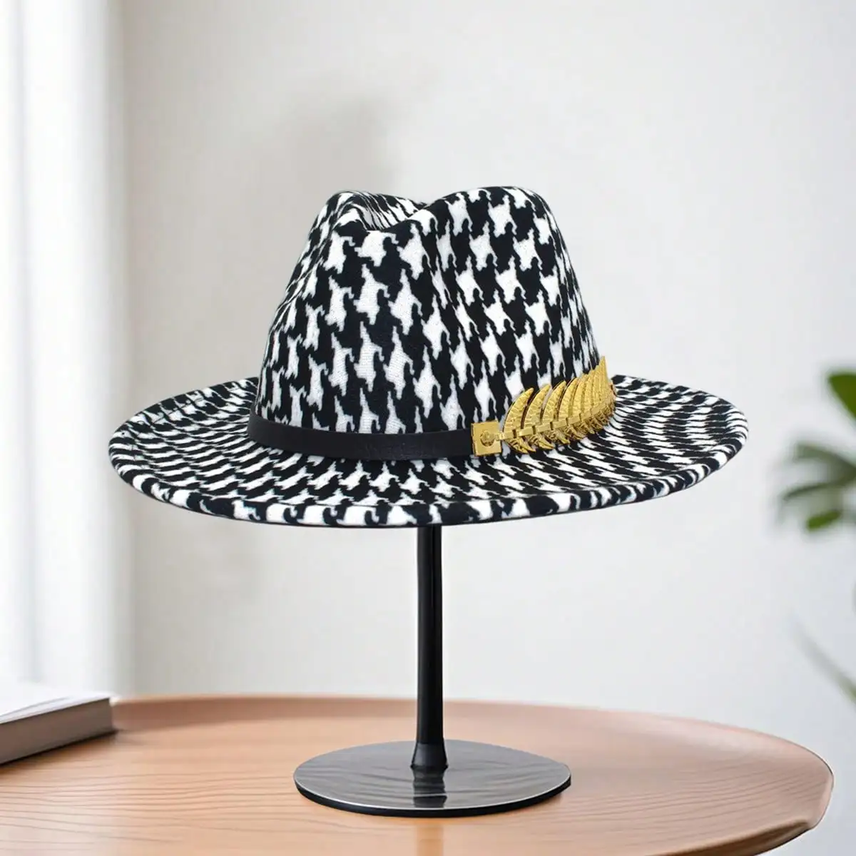 قبعة راعية البقر ذات وجهين للنساء والرجال بنمط houndstooth وحزام ذو حافة واسعة وقبعة غربية #3