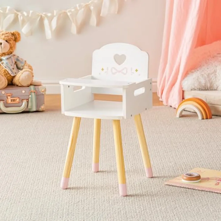 

Baby Doll High Chair Pretend Play High Chair with Heart-Shaped Backrest for 18-20 Inch Dolls Wooden Baby Doll Accessories Baby