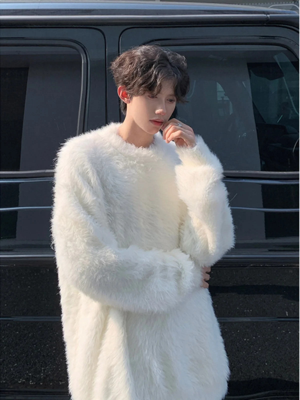 

Soft Chunky Knit Camere Men's T-irt White round Ne Casual Versatile Long Sve Autumn Leisure Fufu Knitted Top