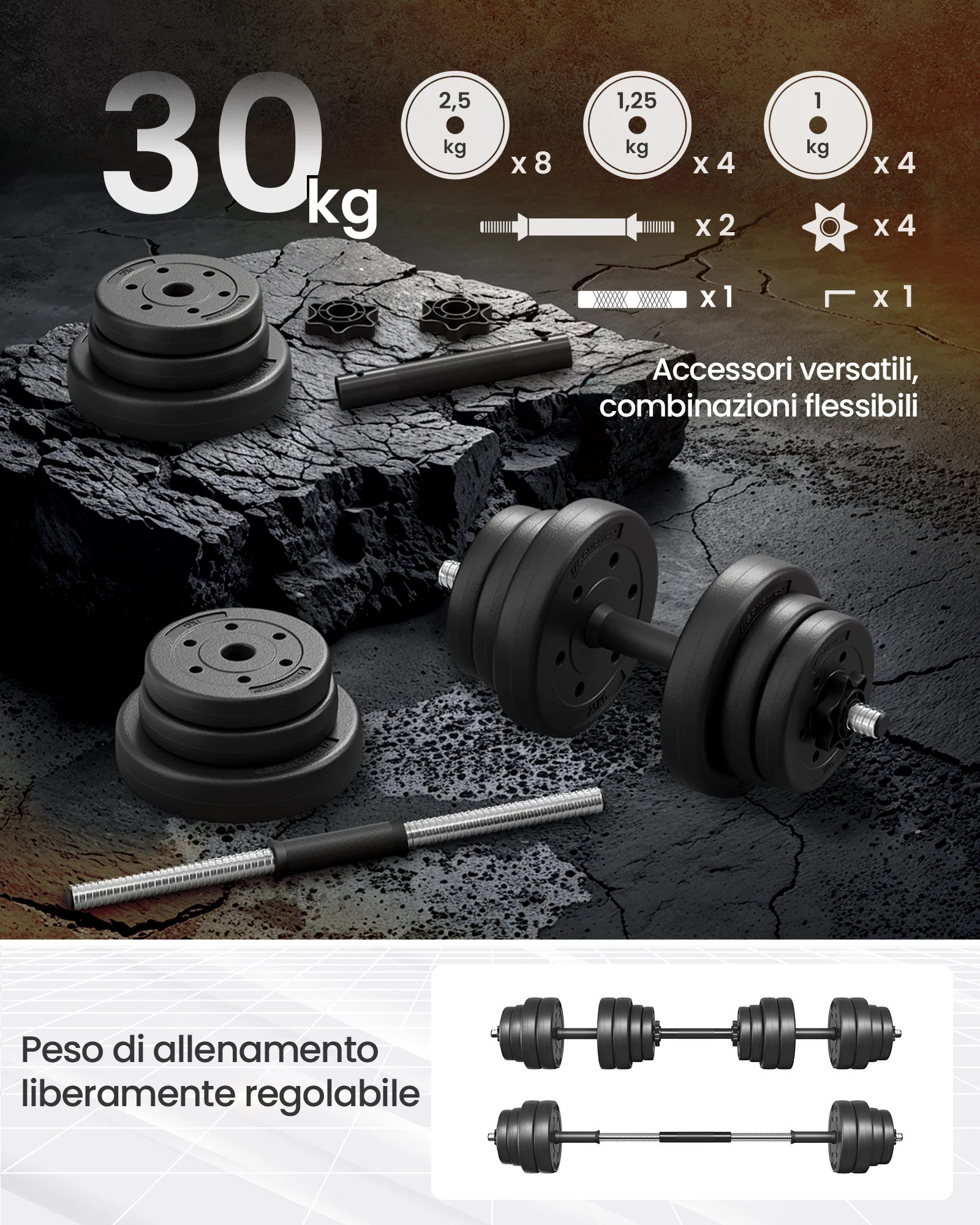 مجموعة دمبل SONGMICS 2 في 1، 2 × 15 كجم دمبل قابل للتعديل مع شريط حديد إضافي، أطباق وزن مطلية بالبلاستيك #4