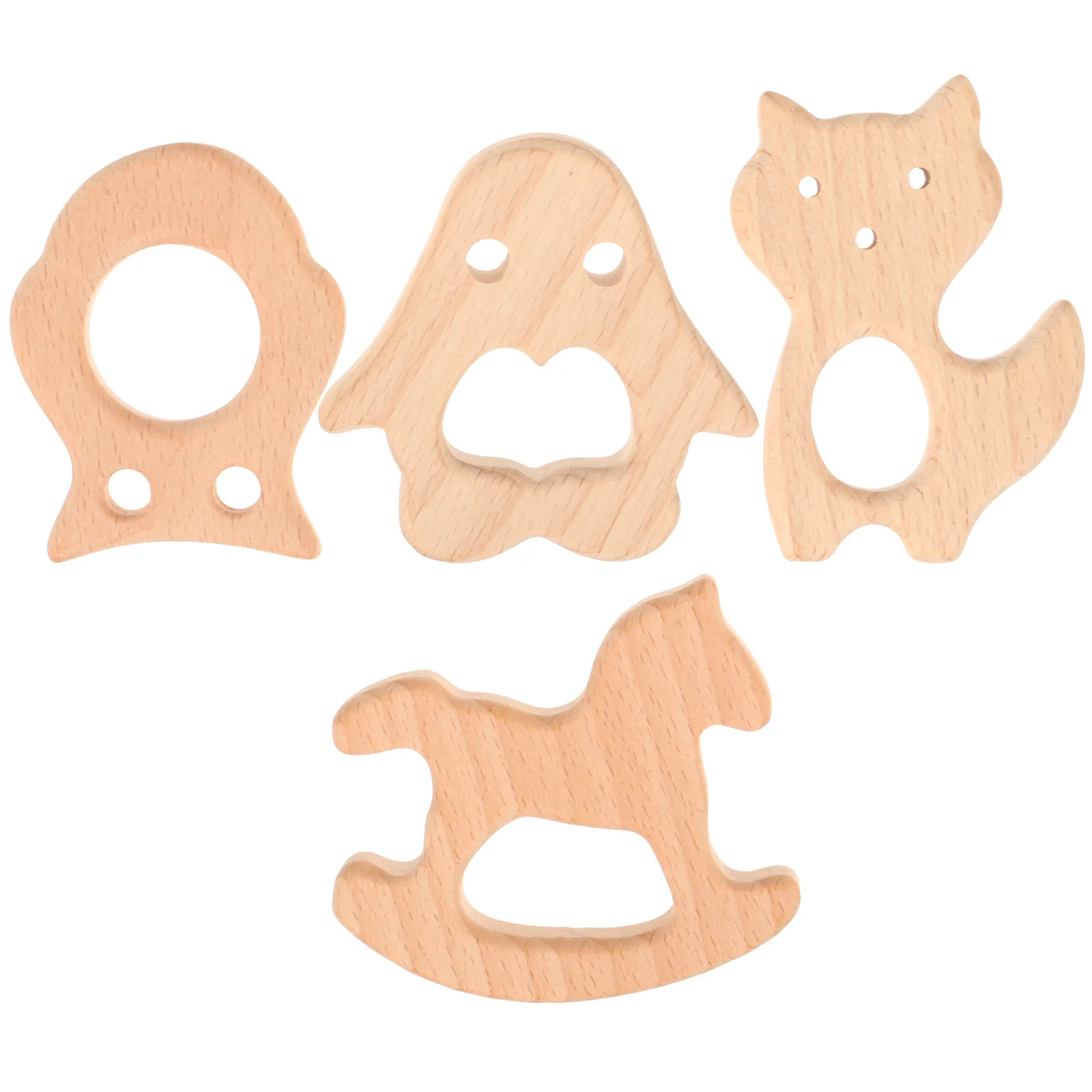 4Pcs Holz Baby Beißring Natürliche Holz Tier Formen Beruhigende Säuglings Zahnfleisch Schmerzen Relief Pinguin Eule Katze Steckenpferd