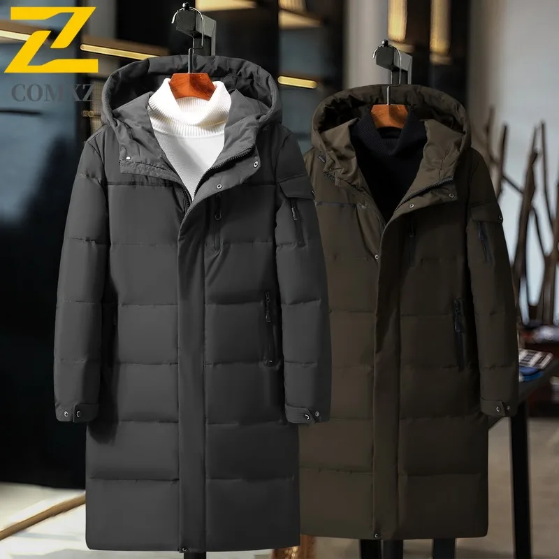 

COMXZ High Quality Men Long Down Jacket Hooded Outdoor Office Lightweight Puffer Jackets Luxury Business Windproof Winter parka
