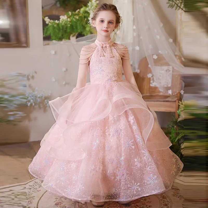 Girls' Formal Dress Birthday Party Pink Princess Dress Flower Girl High-End Elegant Children's Host Piano Performance Costume