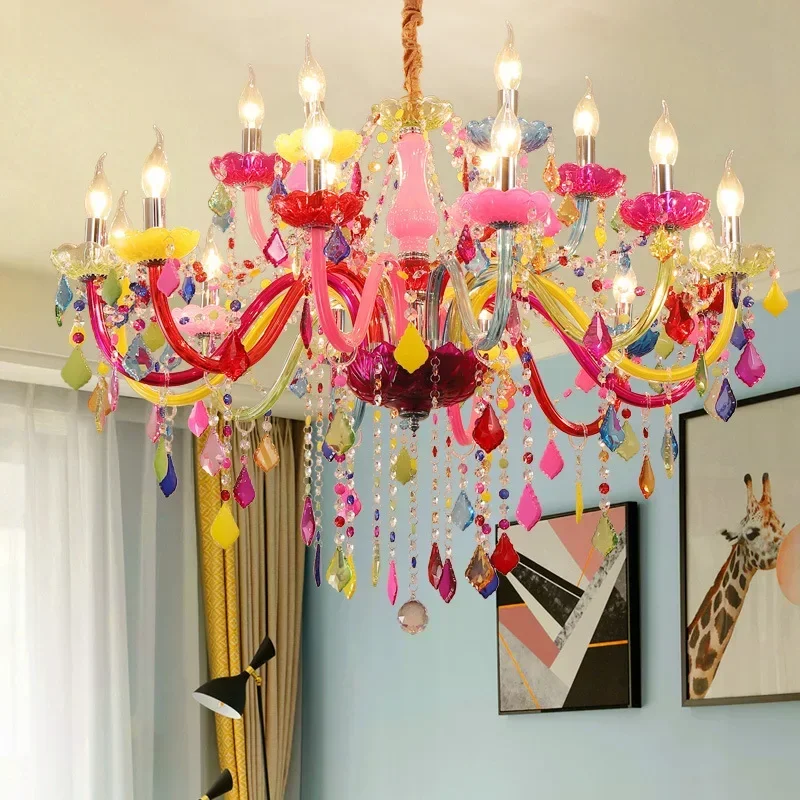 European Style Children's Room Colorful Chandelier Girl Princess Bedroom Crystal Droplight Ktv Bar Atmosphere Pendent Lamp