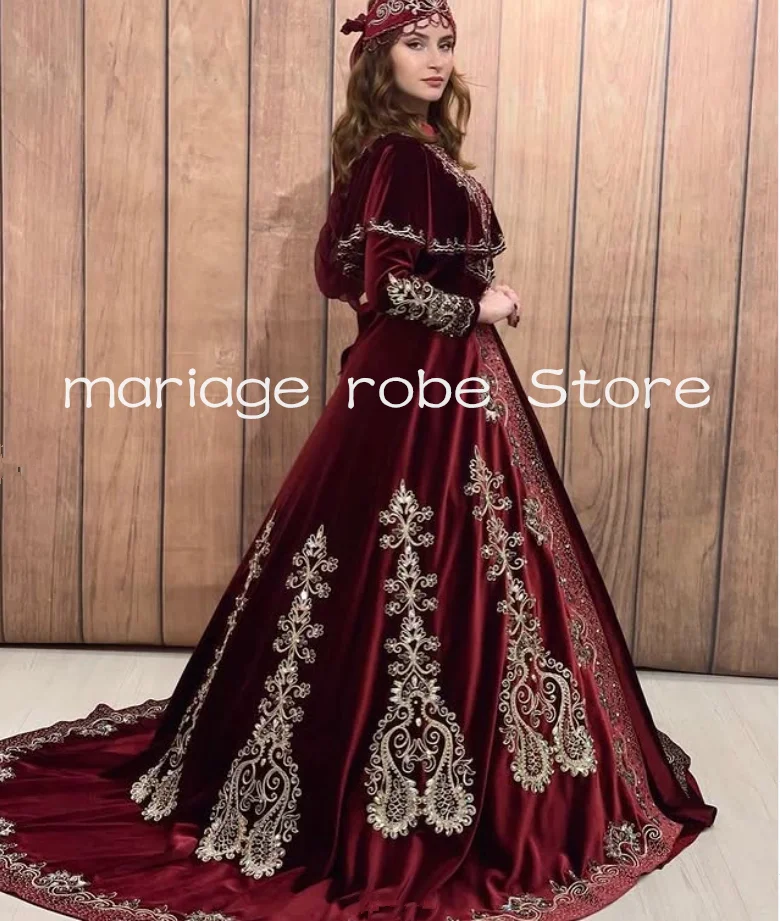 Burgundy Velvet Morocco Caftan Wedding Dresses Luxury Applique Long Sleeve Customsized Henan kanagjegj Kosovo Bridal Gown
