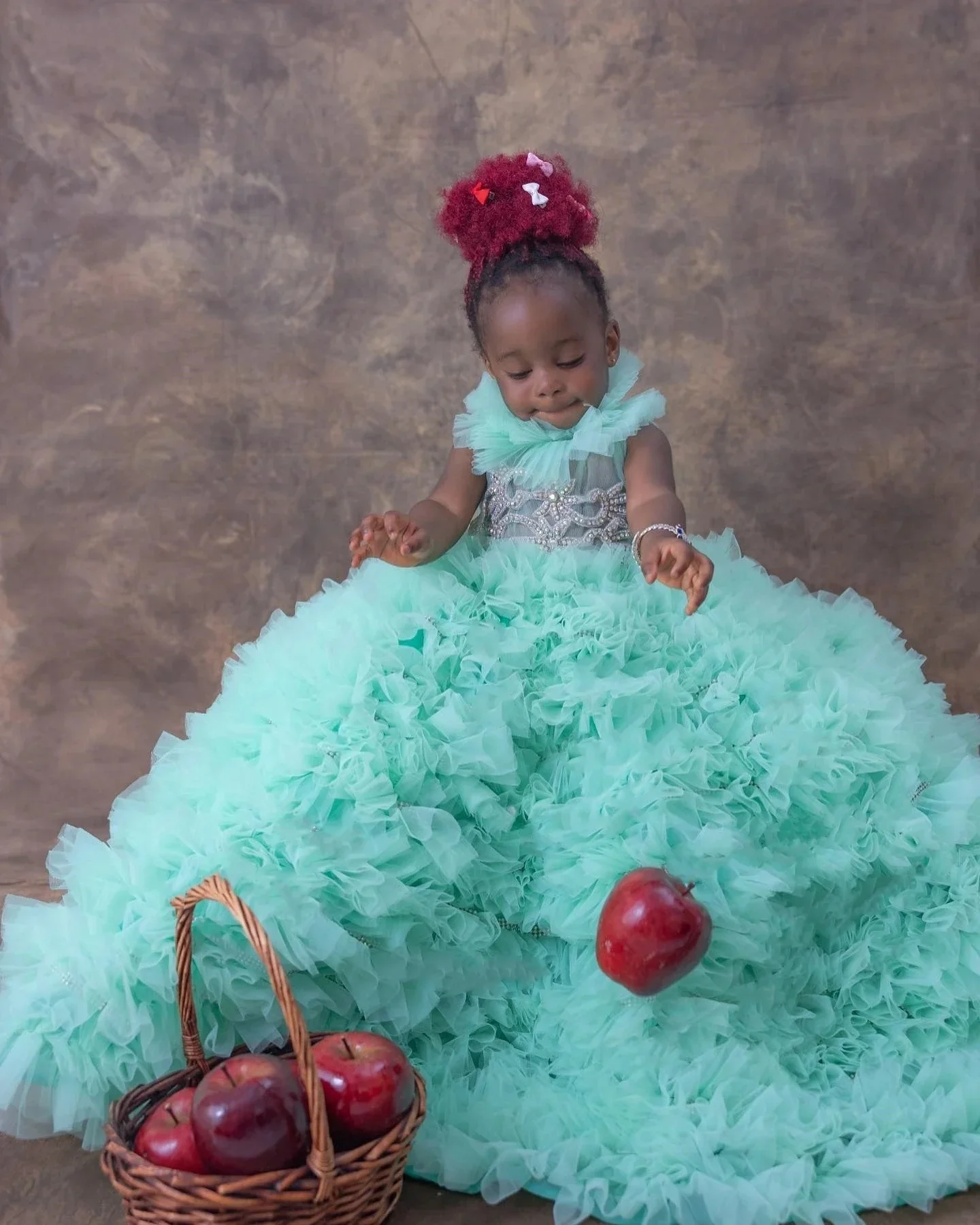 Robes de soirée d'anniversaire personnalisées vert menthe pour filles, robes de demoiselle d'honneur à col haut, volants, bébé, enfants, boule, tout pour séance photo