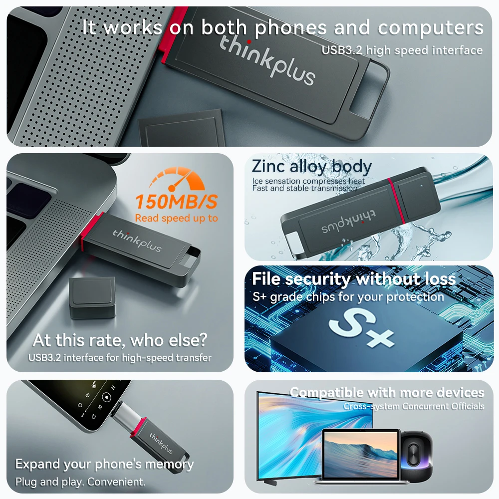 Lenovo MU243 USB 3.2 Metal Flash Drive High Speed Portable U Disk Memory Stick for Laptop PC Car
