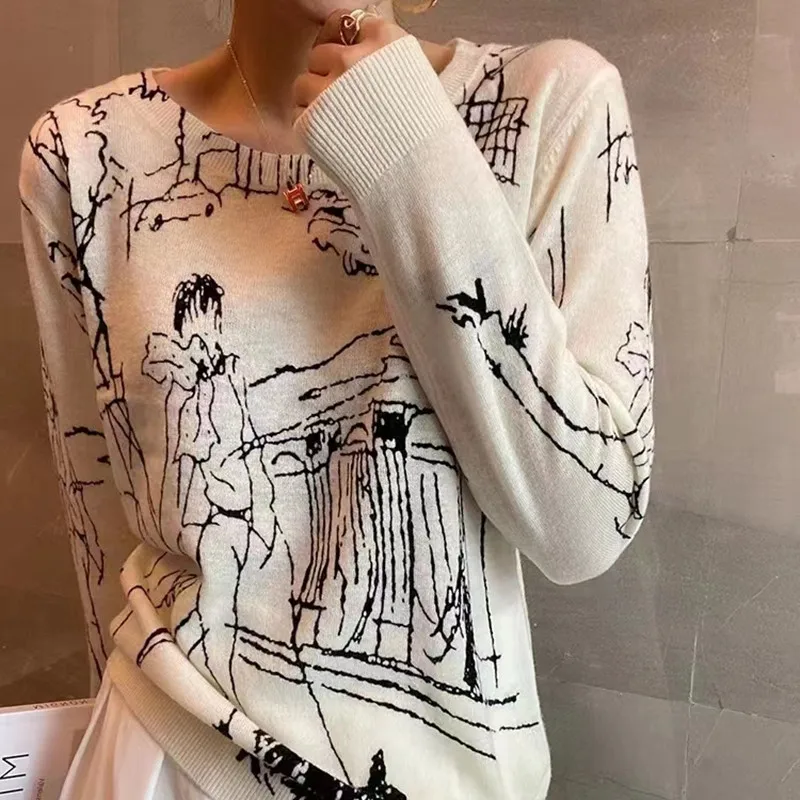 Delikatny damski sweter z nadrukiem z nadrukiem z imitacji wełny koszulka z dzianiny z krótkim rękawem i Graffiti z cyfrowym żakardowym swetrem