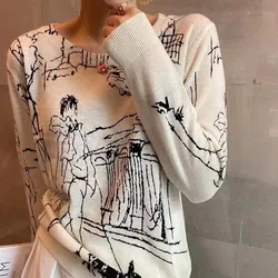 Fine Imitation Wool Knitted T-Shirt Women's Short-Sleeved Top Graffiti Digital Jacquard Pullover Ladies Sweater 22 Summer Trendy