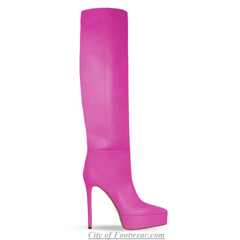 Colorful Pointy Toe Platform Leather Knee High Boots Sexy 2025 New in High Heels Pull on Luxury Design Soft Party Women's Shoes