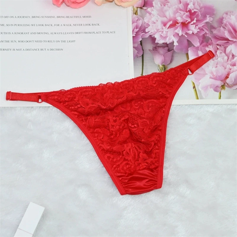 Elasticity Thin-belt Solid Men Thong Lace Floral Convex Pouch Panties Ultra-thin Waist Sexy Gay G-String Nude Jockstrap Lingerie