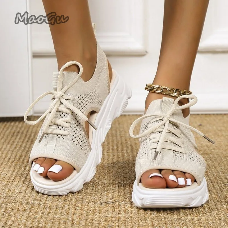 Mesh Women Sandals Summer Shoes for Women Trend Lace-up Platform Sandals Open Toe Beach Casual Heeled Sandal Sandalias De Mujer