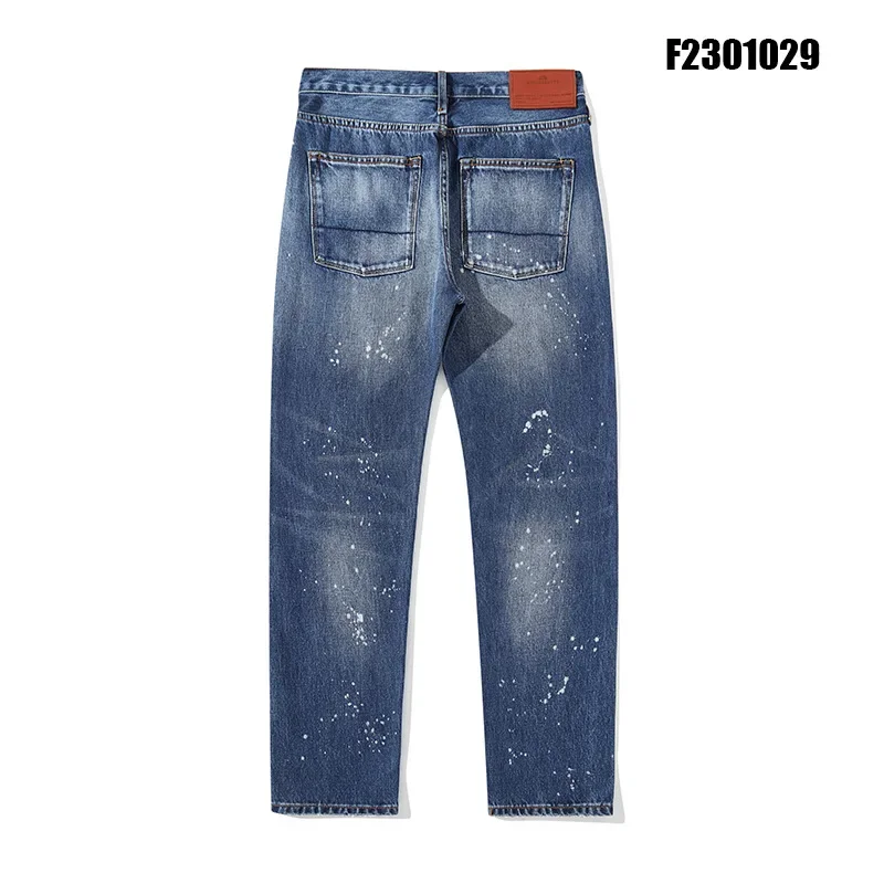 Mens Pants Handmade Speckled Ink Heavy Industry Washed Medium Blue Summer Japanese Fashion Jeans for Men