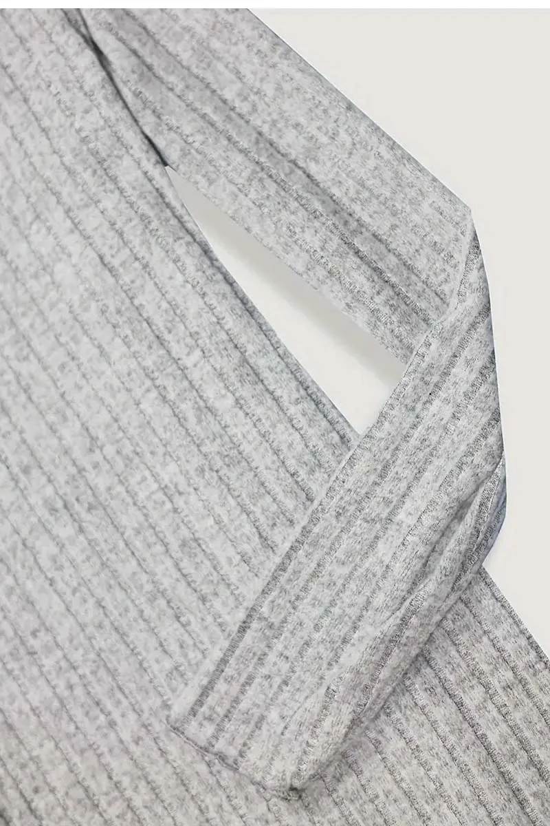 Festes geripptes Kleid mit Rundhals ausschnitt, elegantes, langärmliges, figur betontes Kleid mit Salat besatz, Damen bekleidung – Detail 6