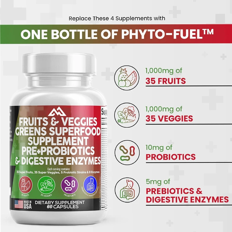 More than 70 fruit and vegetable supplement capsules with probiotics, prebiotics, digestive enzymes, and natural spirulina