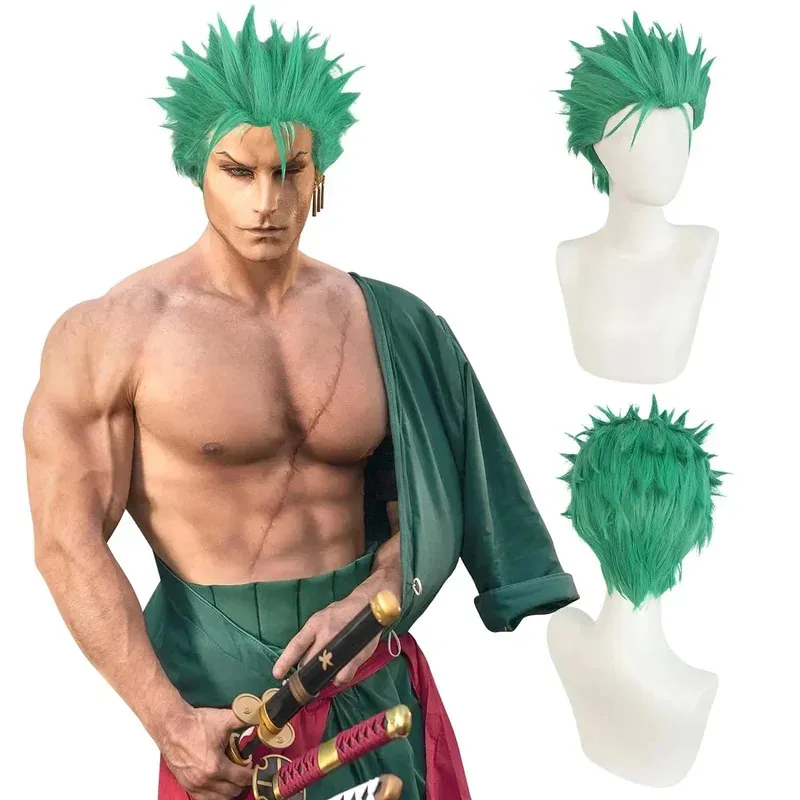 

Anime Wig Zoro Wig Men Short Green Layered Wig Boys Heat Resistant Synthetic Halloween Party Cosplay Wig