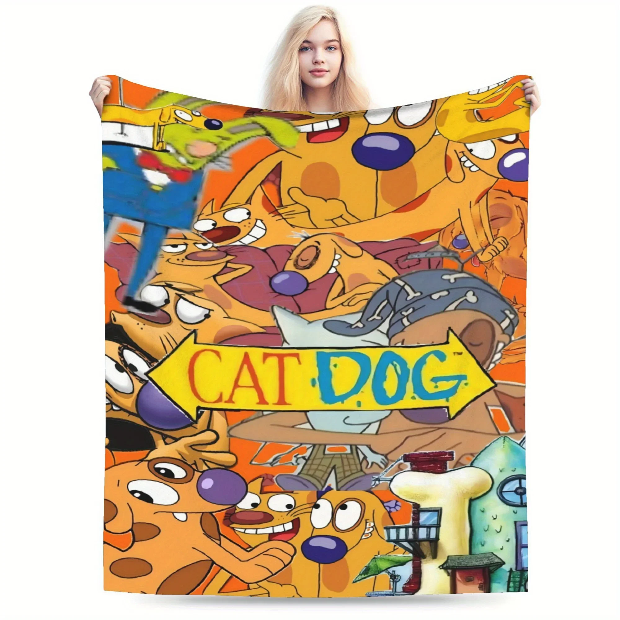 Cozy CatDog Fleece Throw Blanket  Soft Warm Vibrant Cartoon Design with Iconic Characters  Ideal for Sofa Bed Office