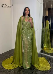 Luxury Dubai Stunning Rhinestones Sequin Formal Evening Dress with Long Cape Heavy Beads Mermaid Celebrity Party Dresses 2024