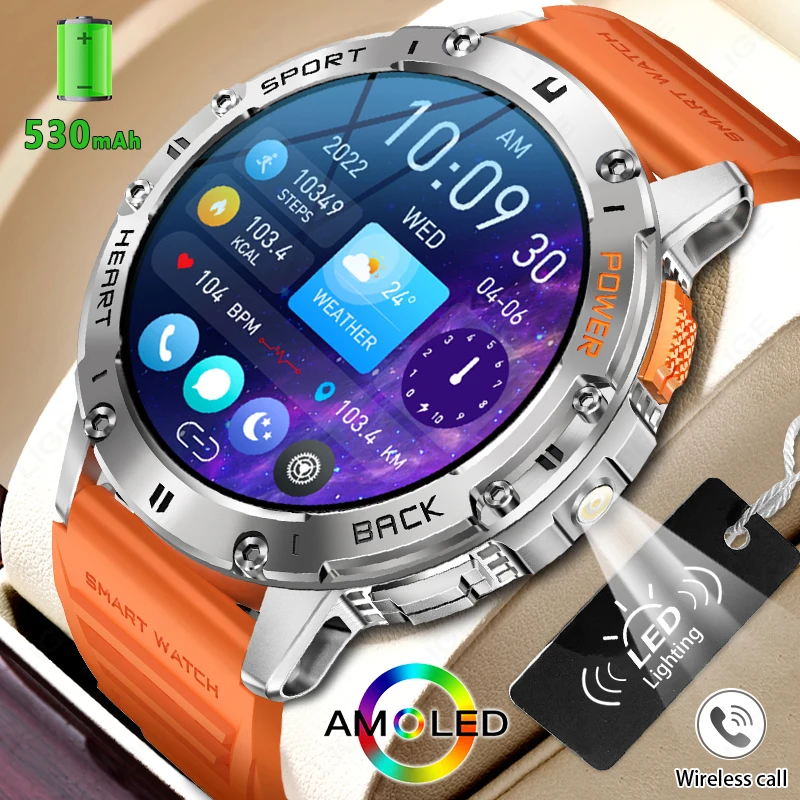 New Outdoor Smart Watch Men 530mAh Large Battery Bluetooth Call Sport Fitness AMOLED Screen Waterproof Flashlight Smartwatch Man