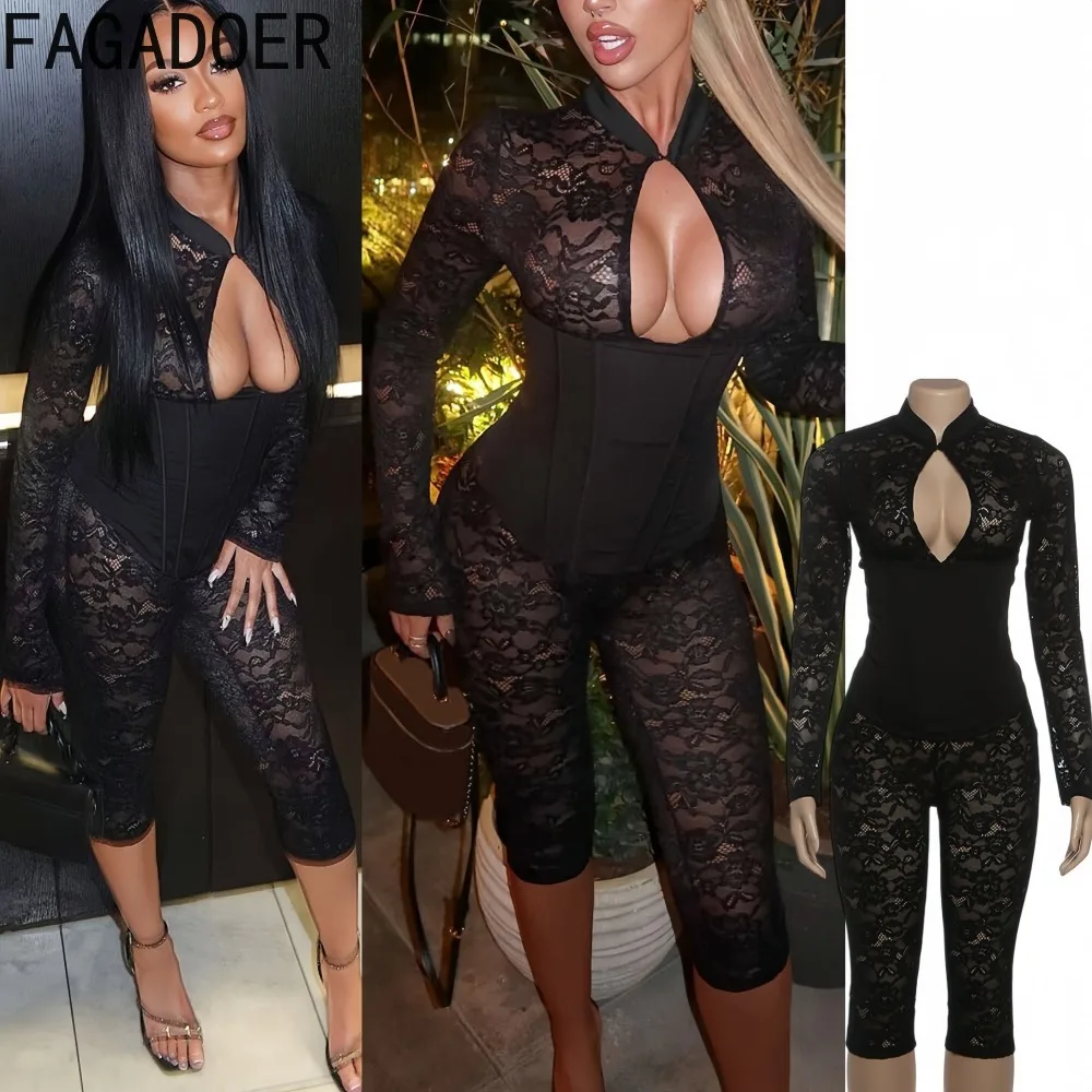 

FAGADOER Sexy Lace Patchwork Bodycon Jumpsuits Women See Through Hollow-out Long Sleeves Rompers Female Streetwear Overalls New