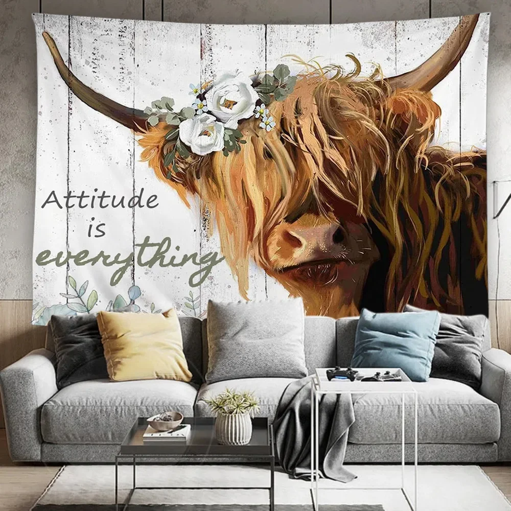 Funny Highland Cow Tapestry Western Bull Portrait Brown Wood Panel Wall Hanging Home Living Room Decor Aesthetic Backdrop Mural