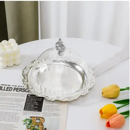

Iron Display Tray Clear Acrylic Dome Food Round Shape Wrought Decorative Cake Plate Serving Tray Elegant Durability