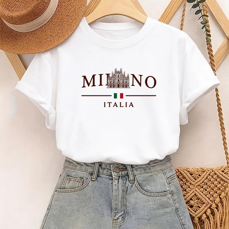 Fashion Vintage T-Shirt with Milano Italia Letter Print 90s Y2K Crew Neck Short Sleeve Tops Tshirt Women's Casual Tshirt Clothes