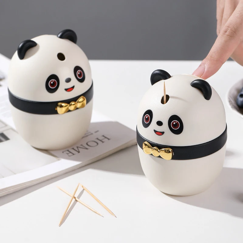 Portable Cartoon Panda Toothpick Storage Box Cotton Swab Storage Household Press Dental Floss Box Desktop Creative