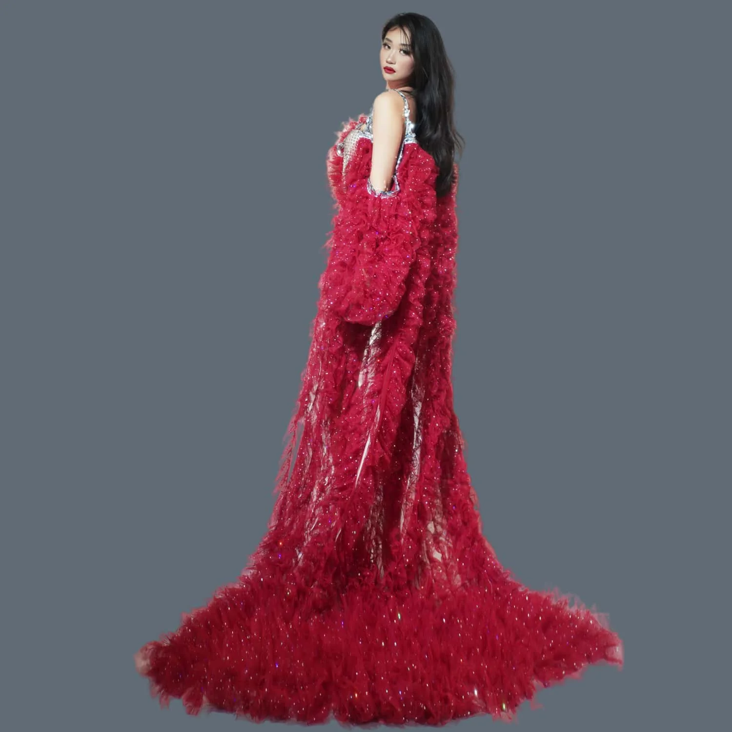 Red Photography Gowns Tulle Ruffle vestido de fiesta longo Puffy Maternity Dress Full Sleeves Cloak Style Dresses Pifeng