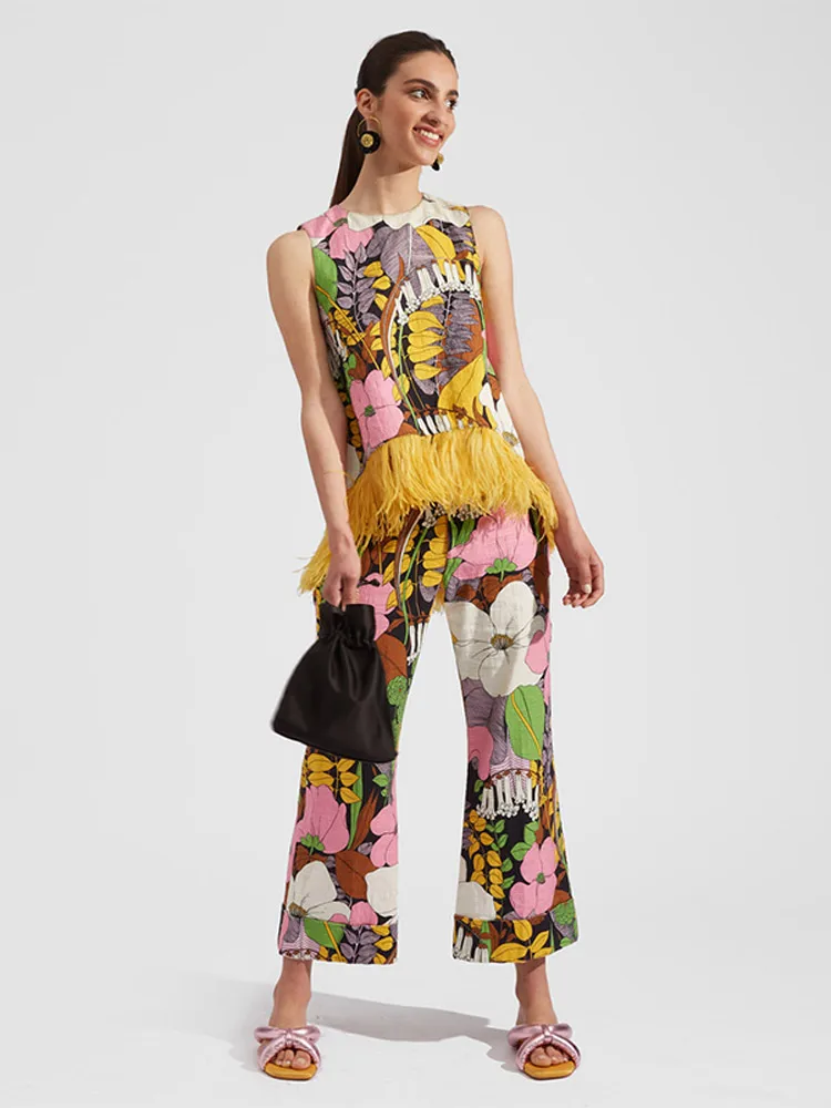 Fashion Flower Print Feather Patchwork 2 Piece Sets Women O-neck Sleeveless Tops Pants Suits 2024 Causal High Street Outfits